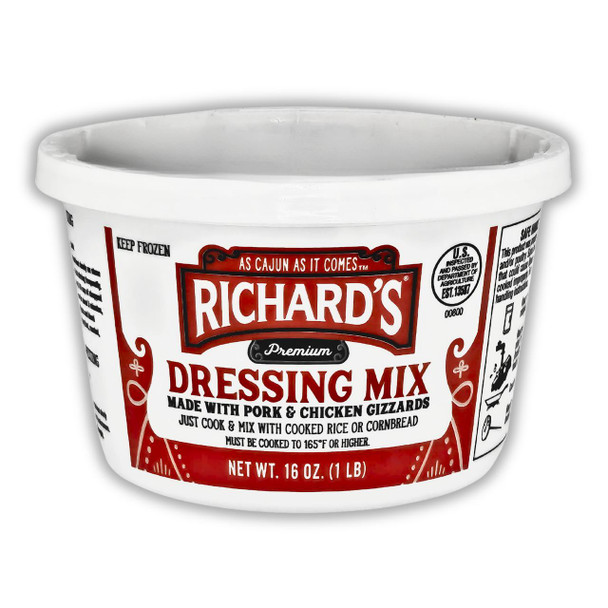 Richards Dressing Mix 1lb, round white container with red and black label featuring product name and usage instructions.