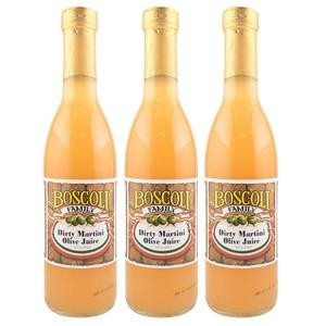 Boscoli Dirty Martini Olive Juice 12.7oz 3 Pack, three bottles of olive juice labeled with brand and product name
