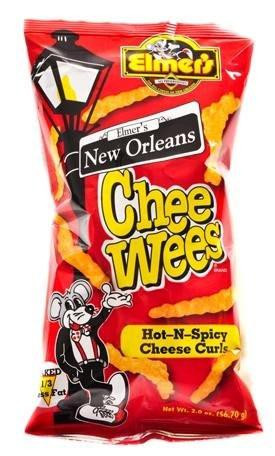Chee Wees Hot and Spicy 2 oz, spicy cheese curls snack in red packaging with New Orleans theme and Mickey Mouse mascot.