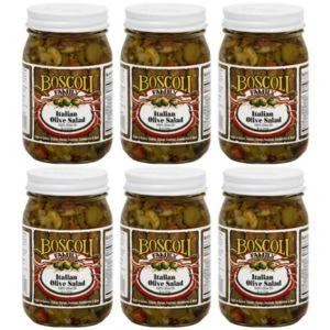 Boscoli Italian Olive Salad 15.5oz 6 Pack, glass jars filled with seasoned olive mixture for salads and antipasto.
