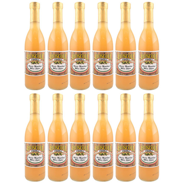 Boscoli Dirty Martini Olive Juice 12.7oz 12 Pack, bottles of olive juice with label featuring green and black olives and red ribbon design.