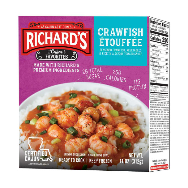 Richards Crawfish Etouffee 11oz, packaged frozen crawfish, vegetables, and rice in a savory tomato sauce on a plate.