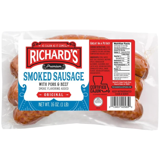 Richards Smoked Pork & Beef Sausage Original 1lb, packaged smoked sausage with pork and beef, seasoned and smoked, in clear vacuum packaging.
