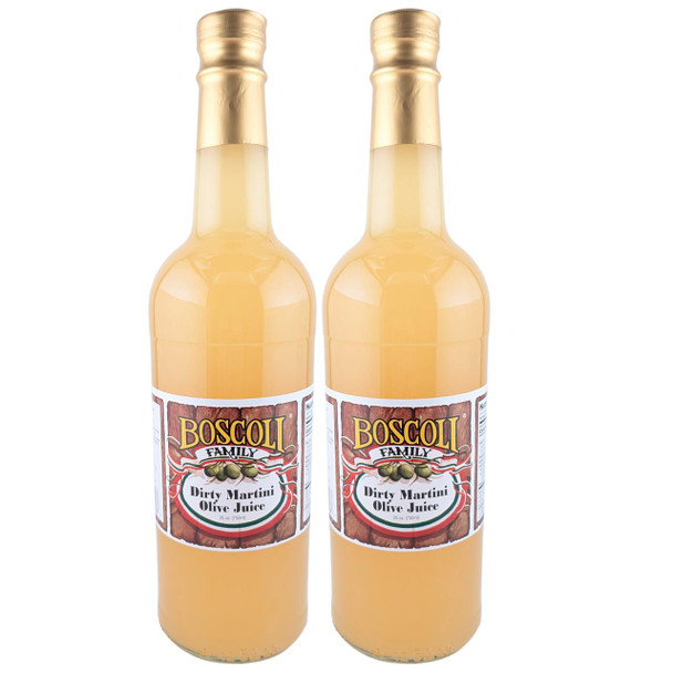 Boscoli Dirty Martini Olive Juice 25oz 2 Pack, clear glass bottles filled with olive juice and gold caps, featuring label with Boscoli Family logo and product description.
