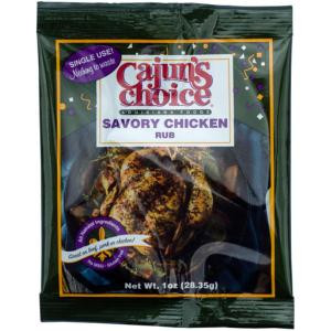 Cajun's Choice Savory Chicken Rub 1oz, package of chicken rub seasoning with grilled chicken pictured