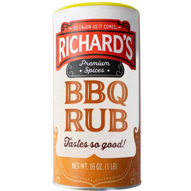 Richard's Richards BBQ Rub Seasoning 16oz, a cylindrical container with a label displaying the brand name, product description, and tagline indicating its flavorful taste.