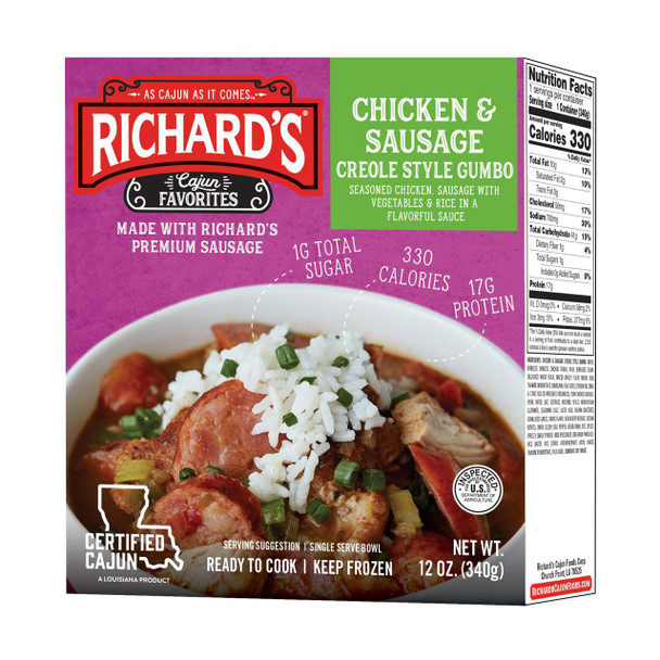 Richard's Richards Chicken & Sausage Gumbo 12oz, packaged creole style gumbo with seasoned chicken and sausage in a bowl, topped with rice and chopped green onions.