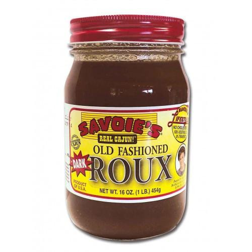 Savoie's Savoies Dark Roux 16oz 12 Pack, jar of dark roux sauce with red screw-on lid and yellow label featuring product details and brand logo.