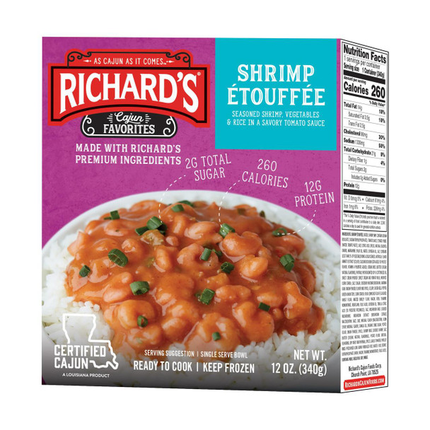 Richard's Richards Shrimp Etouffee 12oz, ready-to-eat seafood dish with seasoned shrimp, vegetables, and rice in savory tomato sauce, displayed on packaging.