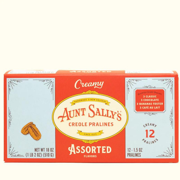 Aunt Sally's Creamy Pralines Assorted Box 12 Pack, colorful packaging featuring an image of a praline and detailed product information.