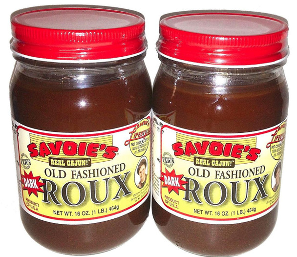 Savoie's Savoies Dark Roux 16oz 2 Pack, two jars of dark roux with red lids and label featuring yellow, red, and black colors.