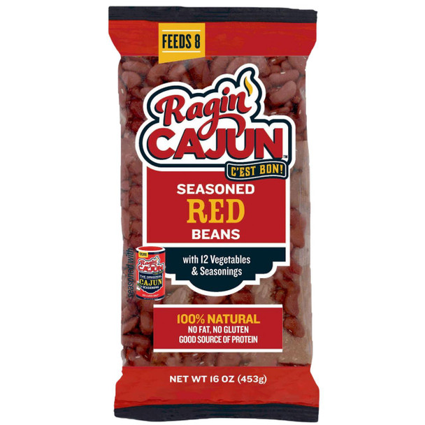 Ragin Cajun Seasoned Red Beans 16oz, packaged seasoned red beans with vegetables and seasonings in a red and black bag.
