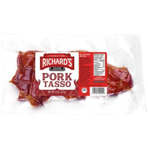 Richards Smoked Pork Tasso 8oz, product image of seasoned and smoked pork tasso in clear plastic packaging with a red label.