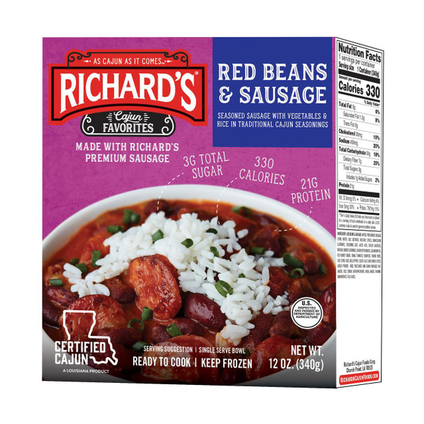 Richard's Richards Red Beans & Sausage 12oz, packaged food box featuring seasoned sausage with vegetables and rice in Cajun style.