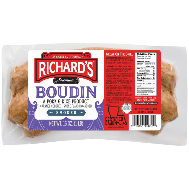 Richard's Richards Smoked Boudin 1lb, packaged smoked pork and rice sausage with caramel coloring and smoke flavoring.