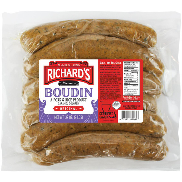Richard's Richards Original Boudin 2lb, packaged pork and rice sausage with caramel color in clear vacuum-sealed plastic.