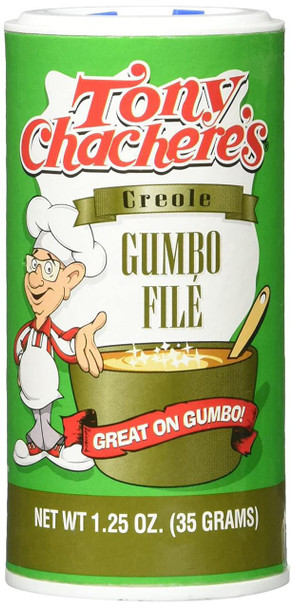 Tony Chachere's Gumbo File 1.25oz, green container with a cartoon chef and a bowl of gumbo, emphasizing flavor enhancement for gumbo cooking.