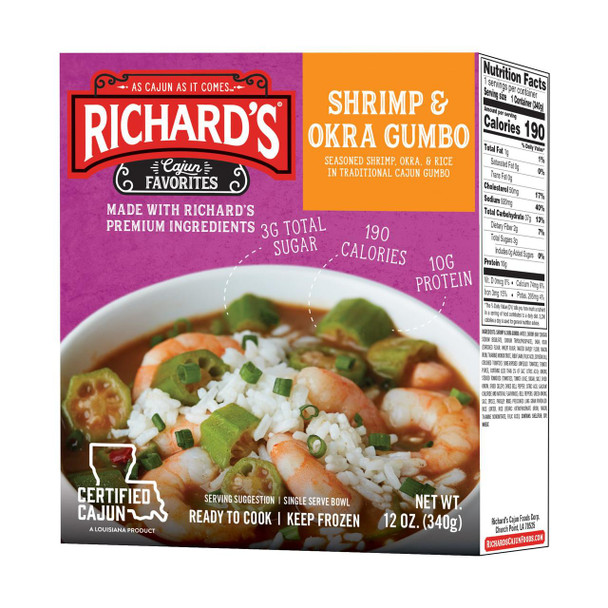 Richard's Richards Shrimp & Okra Gumbo 12oz, packaged cajun shrimp and okra gumbo with rice in a bowl garnished with green onions.