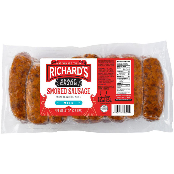 Richard's Richards Krazy Cajun Link Mild Smoked Sausage 2lb, packaged smoked sausage with smoked flavoring in clear plastic packaging.