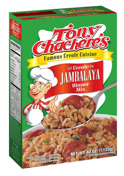 Tony Chachere's Jambalaya Rice Dinner 40oz, green box with red and white label, cartoon chef mascot, spoonful of cooked jambalaya rice with sausage on a white plate.