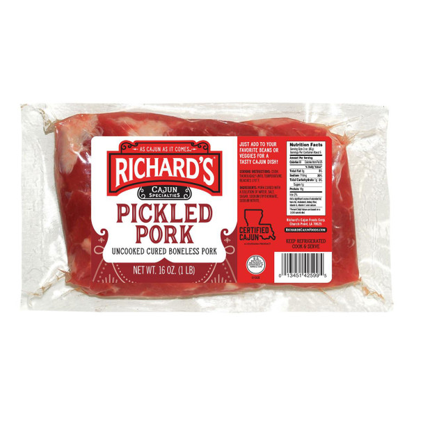 Richard's Richards Pickled Pork 16oz, packaged uncooked cured boneless pork in a clear vacuum-sealed plastic bag with a red label.