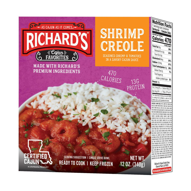 Richard's Richards Shrimp Creole 12oz, packaged seafood product with seasoned shrimp and tomatoes in a savory Cajun sauce on a label