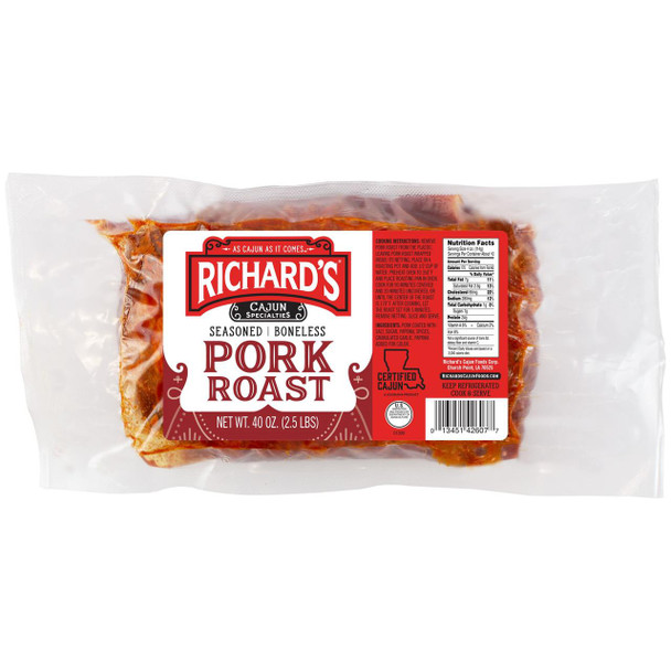 Richard's Seasoned Pork Roast, packaged 2.5lb boneless seasoned pork roast in clear plastic wrapping.
