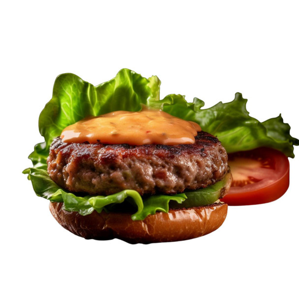 Poche's Poches Gator Patties 4 Pack, close-up of a delicious hamburger with lettuce, tomato, a beef patty, melted cheese, and sauce on a bun.