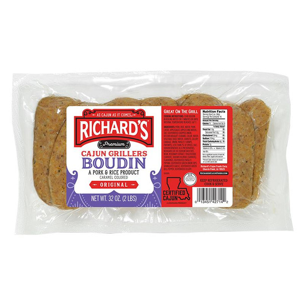 Richard's Richards Cajun Boudin Grillers 32oz, sealed package of flavorful caramel-colored pork and rice sausage for grilling.