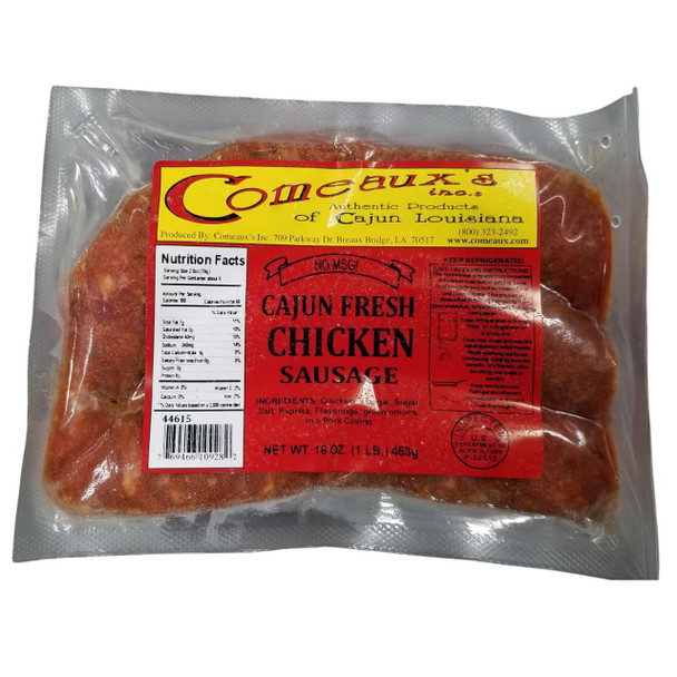 Comeaux's Chicken Sausage 1lb, packaged raw chicken sausage with a red label and clear vacuum-sealed plastic wrapping.