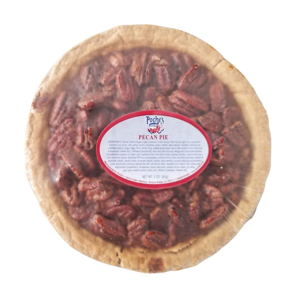 Poche's Poches Pecan Pie 3oz, round pecan pie with a clear top showing toasted pecans inside.