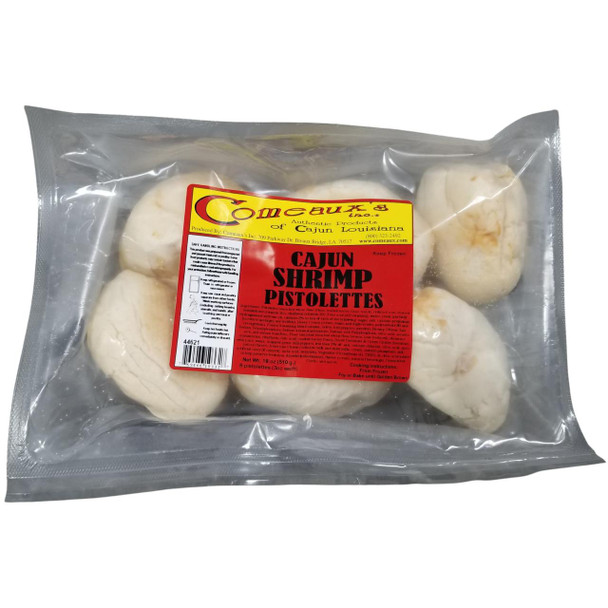 Comeaux's Shrimp Pistolettes 6 Pack, frozen shrimp filled pastry parcels in clear plastic packaging with red and yellow label.
