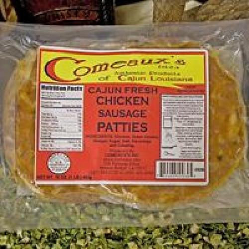 Comeaux's Chicken Patties, packaged Cajun fresh chicken sausage patties in clear plastic wrapping with yellow and red label.