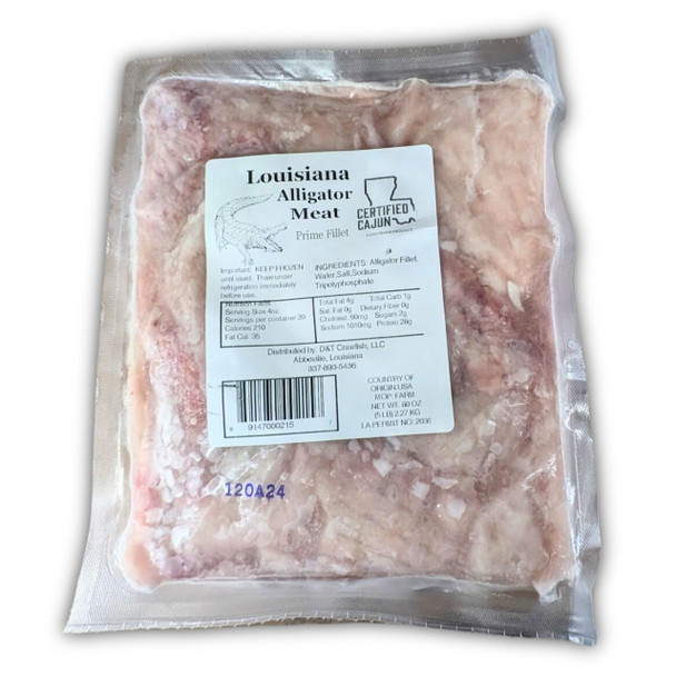 Gator World Alligator Filets 5lb, vacuum-sealed package of frozen alligator meat with label showing product details and ingredients.