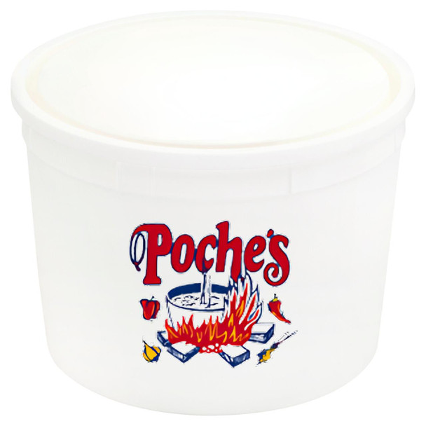 Poche's Poches Dressing Mix 128oz, white plastic container with colorful logo of a pot boiling over flames and surrounded by hot peppers.
