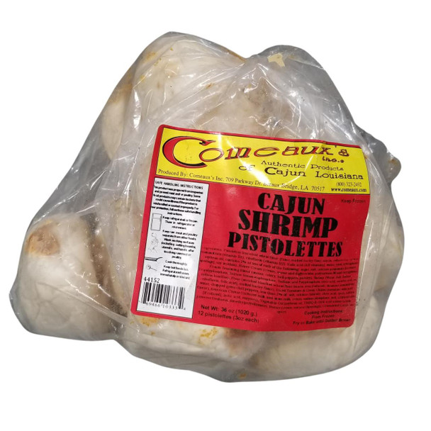 Comeaux's Shrimp Pistolettes 12 Pack, packaged frozen shrimp pistolettes in a clear plastic bag with a red and yellow label containing product information.