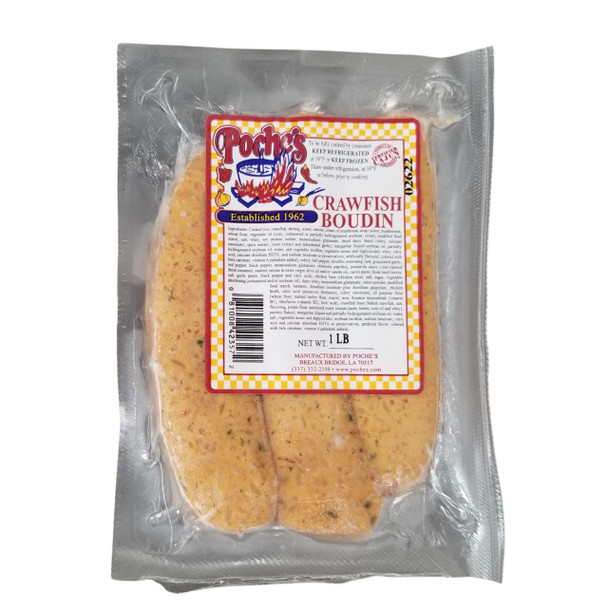 Poche's Poches Crawfish Boudin 1lb, packaged Louisiana-style crawfish and rice sausage in clear vacuum-sealed plastic bag.