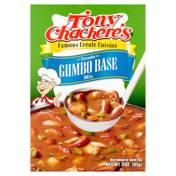 Tony Chachere's Gumbo Base 3oz, box of Creole gumbo seasoning mix with a colorful label and an image of a spoonful of prepared gumbo.