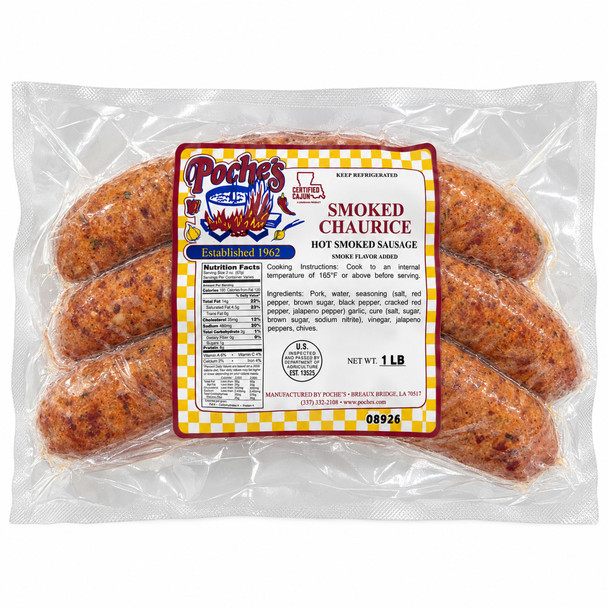 Poche's Smoked Chaurice 1lb, vacuum-sealed package of Cajun hot smoked sausage links with the product label visible.