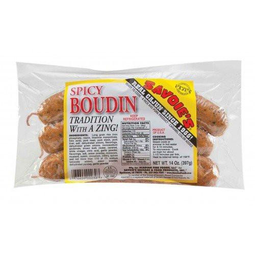 Savoie's Savoies Spicy Boudin 14oz, raw spicy sausage in a clear plastic package with a label displaying product name and details.