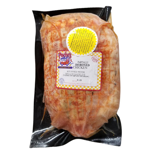 Poche's Stuffed Chicken with Spinach Madeline 3lb, packaged partially deboned chicken stuffed with spinach and coated with salt and red pepper.