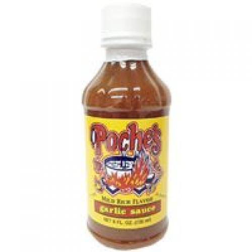 Poche's Poches Garlic Sauce 8oz, bottle of flavorful garlic sauce in plastic container with yellow label and white cap.