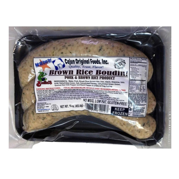 Cajun Original Brown Rice Boudin 1lb, packaged raw pork and brown rice sausage in vacuum-sealed plastic.