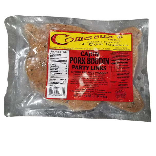 Comeaux's Pork Boudin Party Links 1lb, pre-cooked pork and rice sausage in vacuum-sealed package.