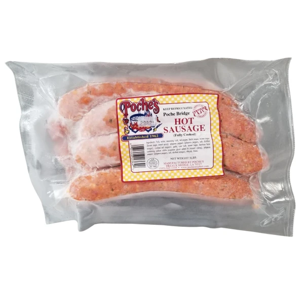 Poche's Poche Bridge Hot Sausage 3lb, PACKAGED cooked sausages in vacuum-sealed plastic wrap for freshness.