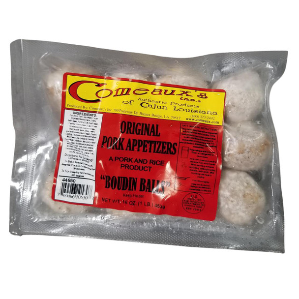 Comeaux's Pork Boudin Balls 1lb, frozen pork and rice boudin balls packaged in a clear plastic bag with red and yellow label.