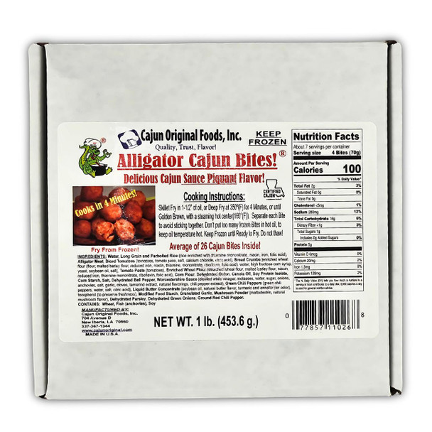 Cajun Original Alligator Bites 1lb, frozen ready-to-cook alligator bites with spicy Cajun sauce, cooking instructions, and nutritional facts on the label.