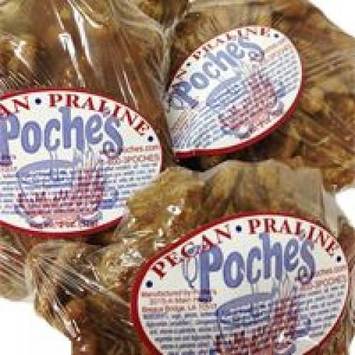 Poche's Pecan Pralines, individually wrapped pecan pralines in clear packaging with branded labels.