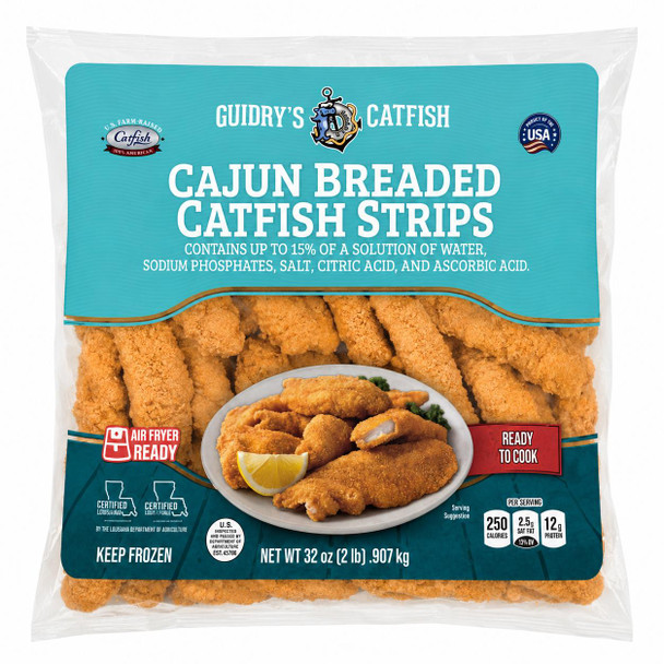 Guidrys Breaded Catfish Strips 2lb, packaged breaded catfish fillets in a clear plastic bag with blue label.