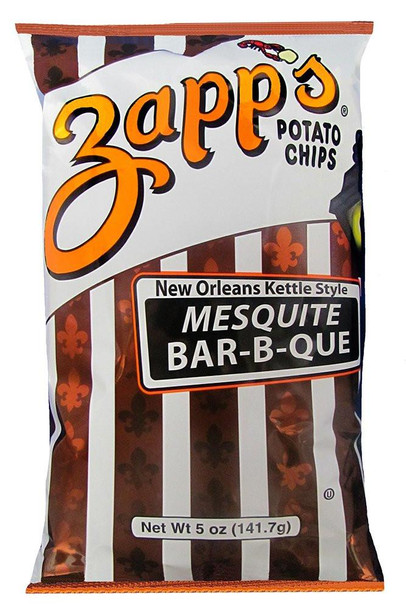 Zapp's Mesquite BBQ Chips 5oz, packaged snack with New Orleans Kettle Style Mesquite Bar-B-Que flavor in a 5-ounce bag.